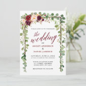 Bogundy Floral Botanical Calligraphy Wedding Kaart (Staand voorkant)