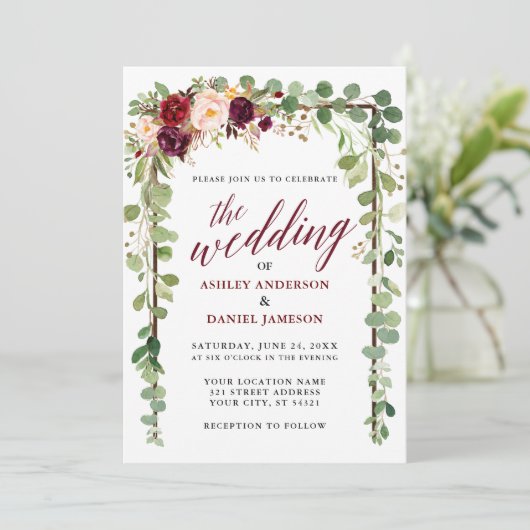 Bogundy Floral Botanical Calligraphy Wedding Kaart (Staand voorkant)