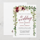 Bogundy Floral Botanical Calligraphy Wedding Kaart (Voorkant / Achterkant)