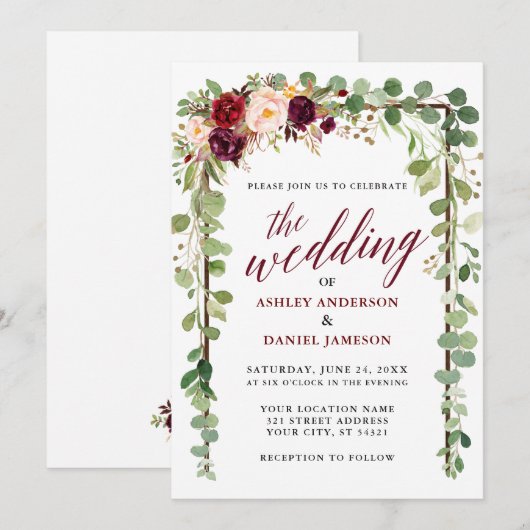 Bogundy Floral Botanical Calligraphy Wedding Kaart (Voorkant / Achterkant)
