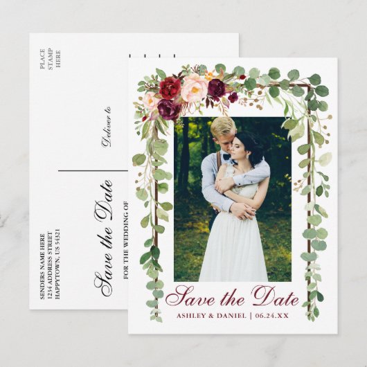 Bogundy Floral Botanical Green redt de datum Aankondigingskaart (Voorkant / Achterkant)