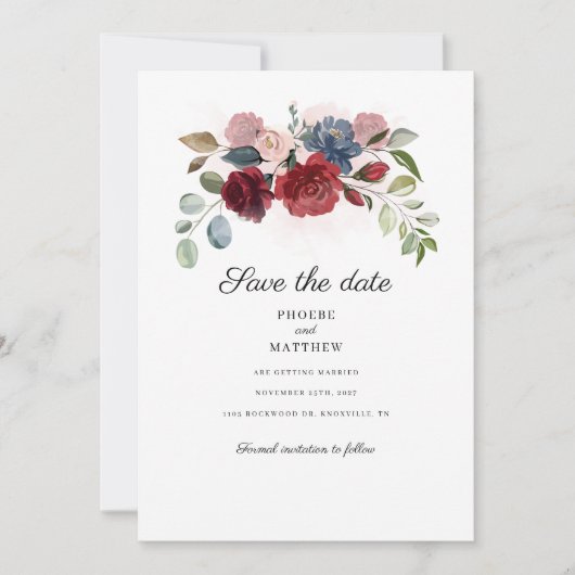Bogundy Floral Botanical Modern redt de datum Save The Date (Voorkant)
