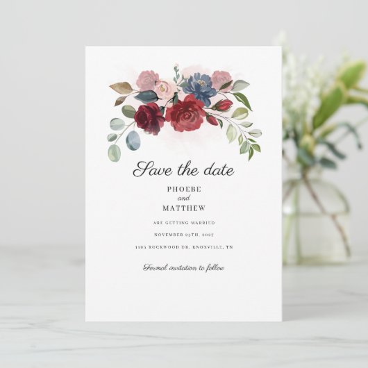 Bogundy Floral Botanical Modern redt de datum Save The Date (Staand voorkant)