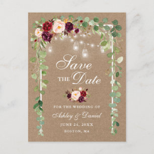 Bogundy Floral Botanical Save the Date Kraft Aankondigingskaart