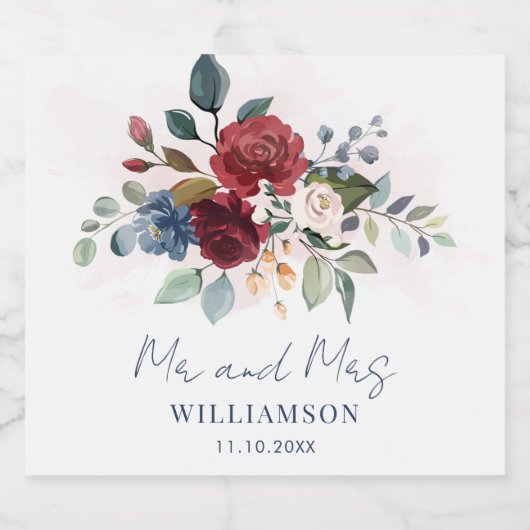 Bogundy Floral Botanical Script Weddenschap Sparkling Wijnetiket (Enkel label)