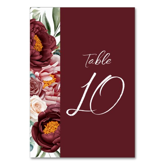 Bogundy Floral Calligraphy Moderne Table Number Kaart (Voorkant)