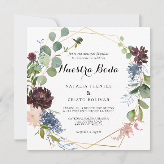 Bogundy Floral en Greenery Spanish Wedding Kaart (Voorkant)