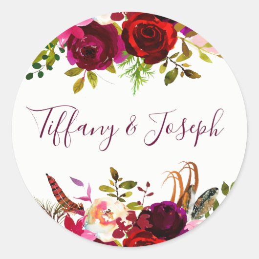 Bogundy Floral Engagement Party Weddenschap Ronde Sticker (Voorkant)