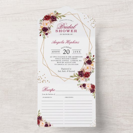 Bogundy Floral Geometric Vrijgezellenfeest Recipe All In One Uitnodiging (Binnen)