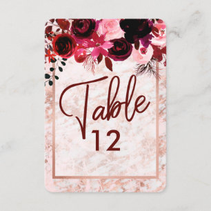 Bogundy Floral & Roos Gold Wedding Table Numbers Kaart