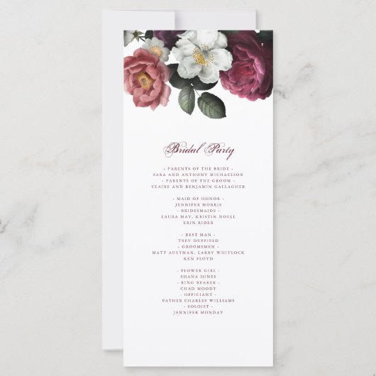 Bogundy Floral Rozen Botanical Wedding Programme (Achterkant)