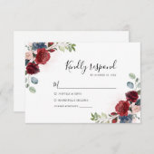 Bogundy Floral Waterverf Botanical Wedding RSVP Kaartje (Voorkant / Achterkant)