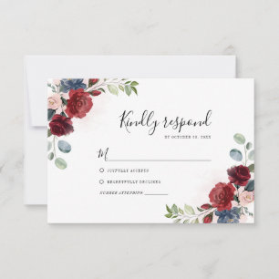 Bogundy Floral Waterverf Botanical Wedding RSVP Kaartje