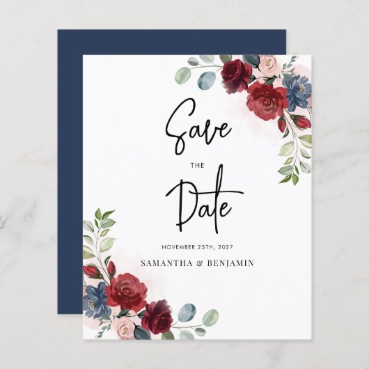 Bogundy Floral Wedding Budget sparen de datum (Voorkant / Achterkant)