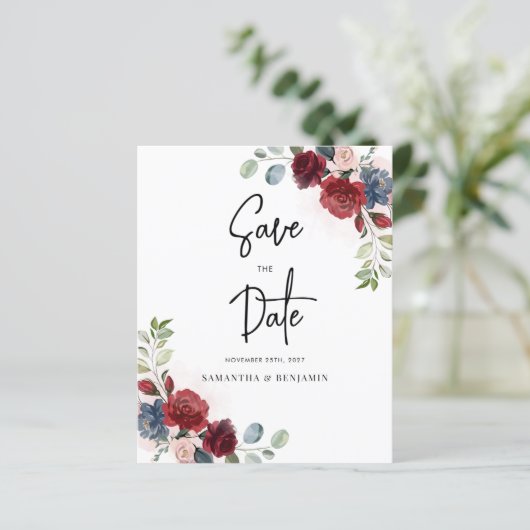 Bogundy Floral Wedding Budget sparen de datum (Staand voorkant)