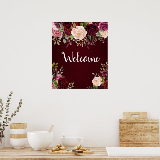 Bogundy floral welkomstteken poster (Keuken)