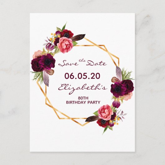 Bogundy floral white Save the Date Briefkaart (Voorkant)