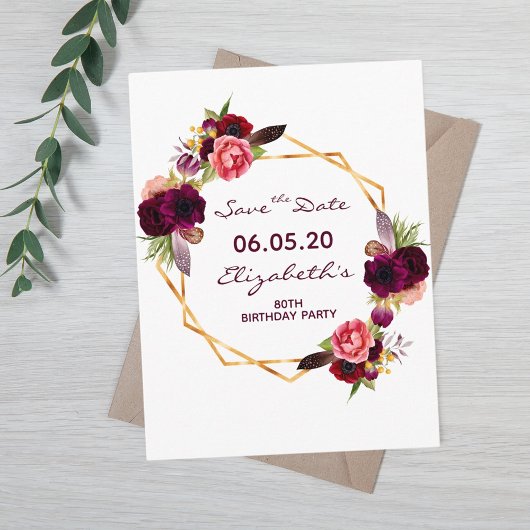 Bogundy floral white Save the Date Briefkaart