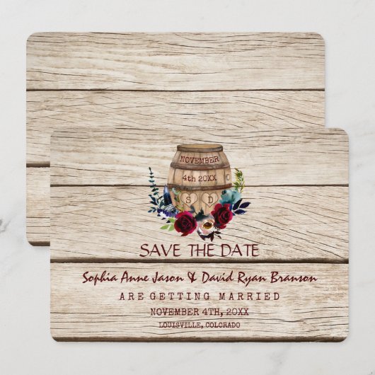 Bogundy Floral Wine Barrel Herfst Save the Date (Voorkant / Achterkant)
