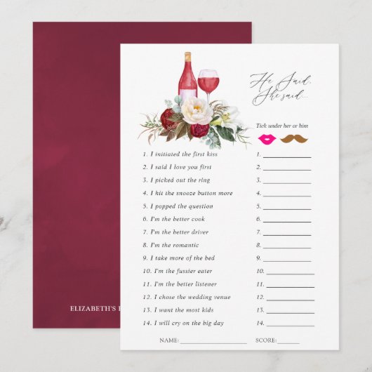 Bogundy Floral Wine Tasting Vrijgezellenfeest Kaart (Voorkant / Achterkant)