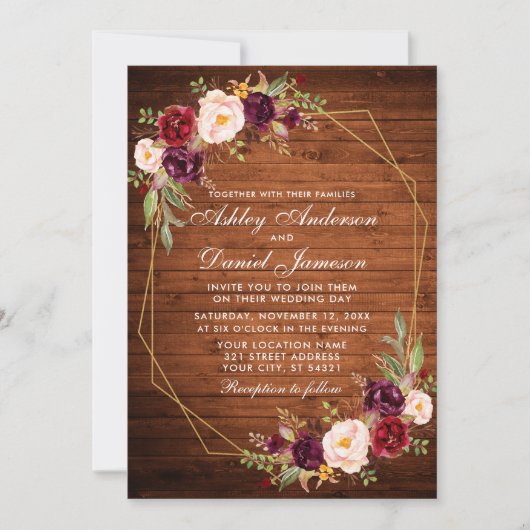 Bogundy Floral Wood Geometric Lijst Foto Kaart (Voorkant)