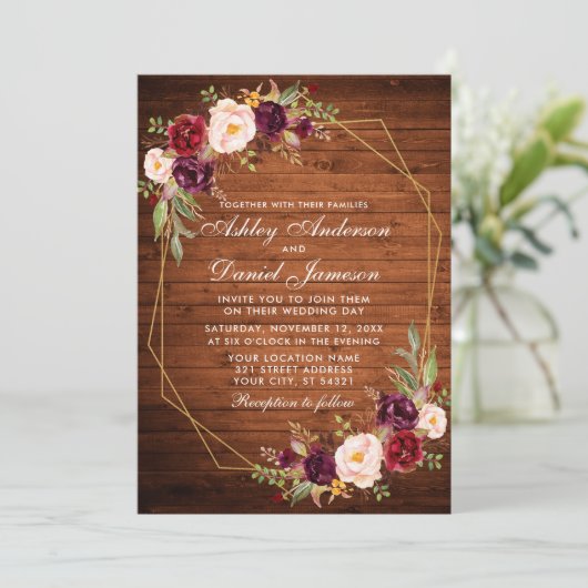 Bogundy Floral Wood Geometric Lijst Foto Kaart (Staand voorkant)