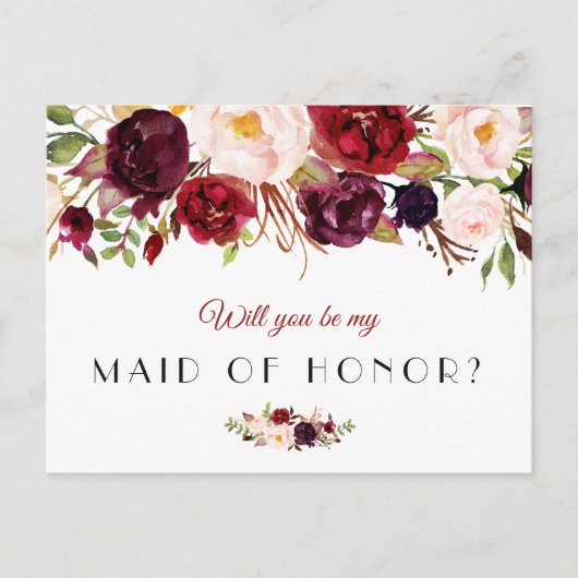 Bogundy floral zal je mijn Maid van Honor-kaart zi Uitnodiging Briefkaart (Voorkant)