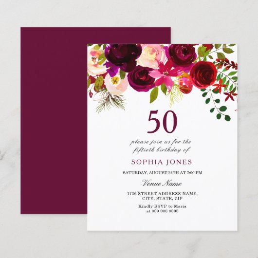 Bogundy Flowers Budget 50th Birthday Invitation (Voorkant / Achterkant)