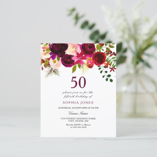 Bogundy Flowers Budget 50th Birthday Invitation (Staand voorkant)