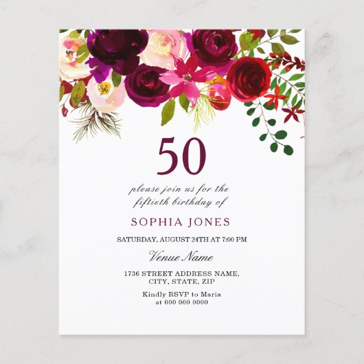 Bogundy Flowers Budget 50th Birthday Invitation (Voorkant)