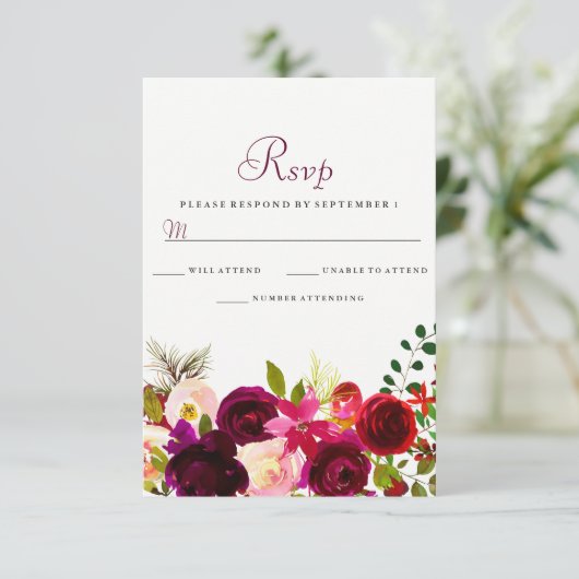 Bogundy Flowers Floral Elegant Wedding RSVP (Staand voorkant)