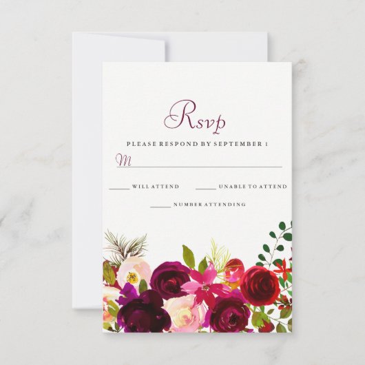 Bogundy Flowers Floral Elegant Wedding RSVP Kaartje (Voorkant)