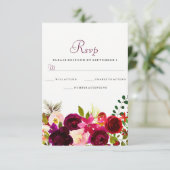 Bogundy Flowers Floral Elegant Wedding RSVP Kaartje (Staand voorkant)