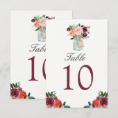Bogundy Flowers Mason Jar Wedding Table Number Kaart (Voorkant / Achterkant)