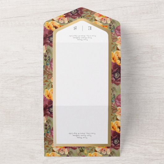 Bogundy & Gold Jewel Floral Green QR Code All In One Uitnodiging (Buitenkant)