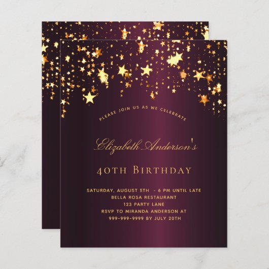 Bogundy Gold-uitnodiging voor verjaardagsfeest (Voorkant / Achterkant)