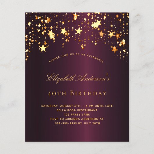 Bogundy Gold-uitnodiging voor verjaardagsfeest (Voorkant)