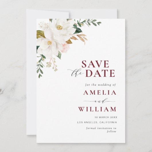 Bogundy Magnolia floral Save the Date (Voorkant)