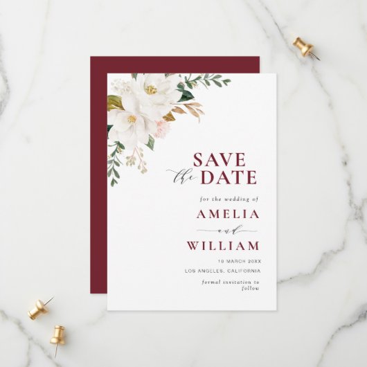 Bogundy Magnolia floral Save the Date (Voorkant / Achterkant in situ)