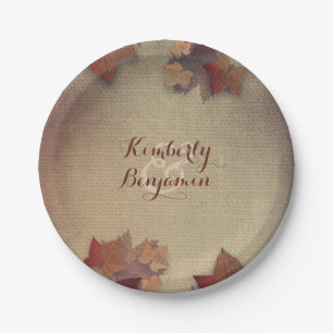 Bogundy Maple Leaves en Rustic Burlap Herfst Papieren Bordje