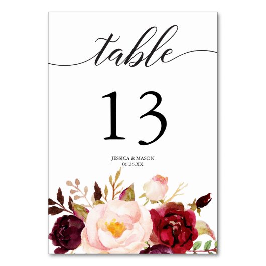 Bogundy Marsala Wedding Table Numbers Kaart (Achterkant)