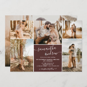 Bogundy minimalistisch script 6 foto's bruiloft kaart