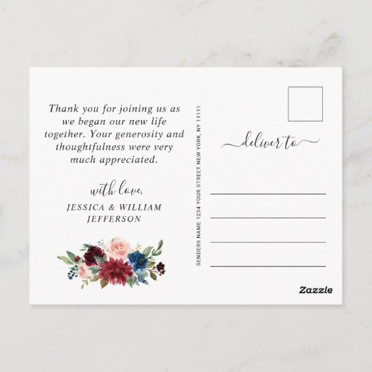 Bogundy Navy Eucalyptus Roos Floral bedankt Briefkaart (Achterkant)