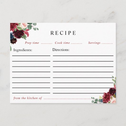 bogundy navy floral recept card briefkaart (Voorkant)