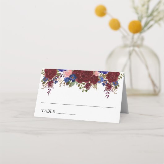 Bogundy Navy Floral Table Number Weddenschap Plaatskaartje (Voorkant)