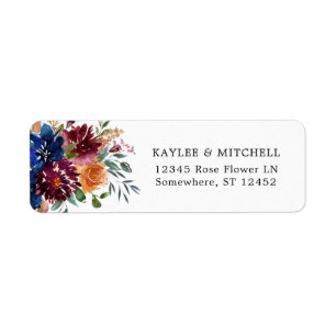 Bogundy & Navy Oranje Herfst Floral Return Address Etiket