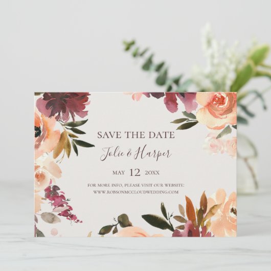 Bogundy Oranje Floral Beige Horizontal Save The Date (Staand voorkant)