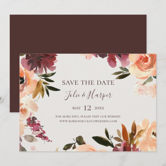 Bogundy Oranje Floral Beige Horizontal Save The Date (Voorkant / Achterkant)