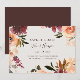 Bogundy Oranje Floral Beige Horizontal Save The Date