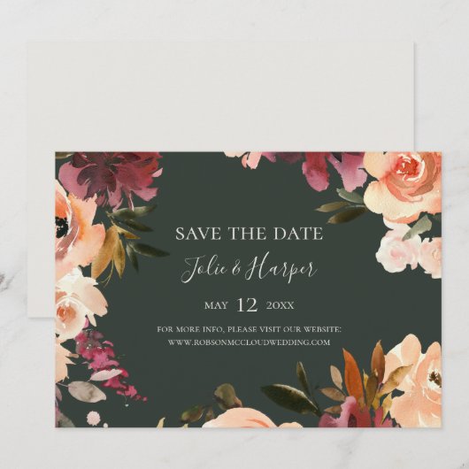 Bogundy Oranje Floral Green Horizontal Save The Date (Voorkant / Achterkant)